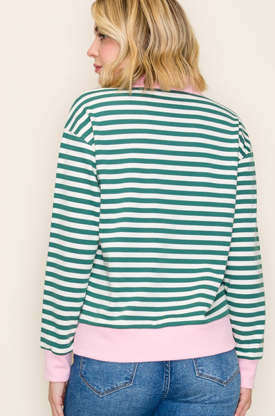 Green Stripe Pink Contrast Collared Top