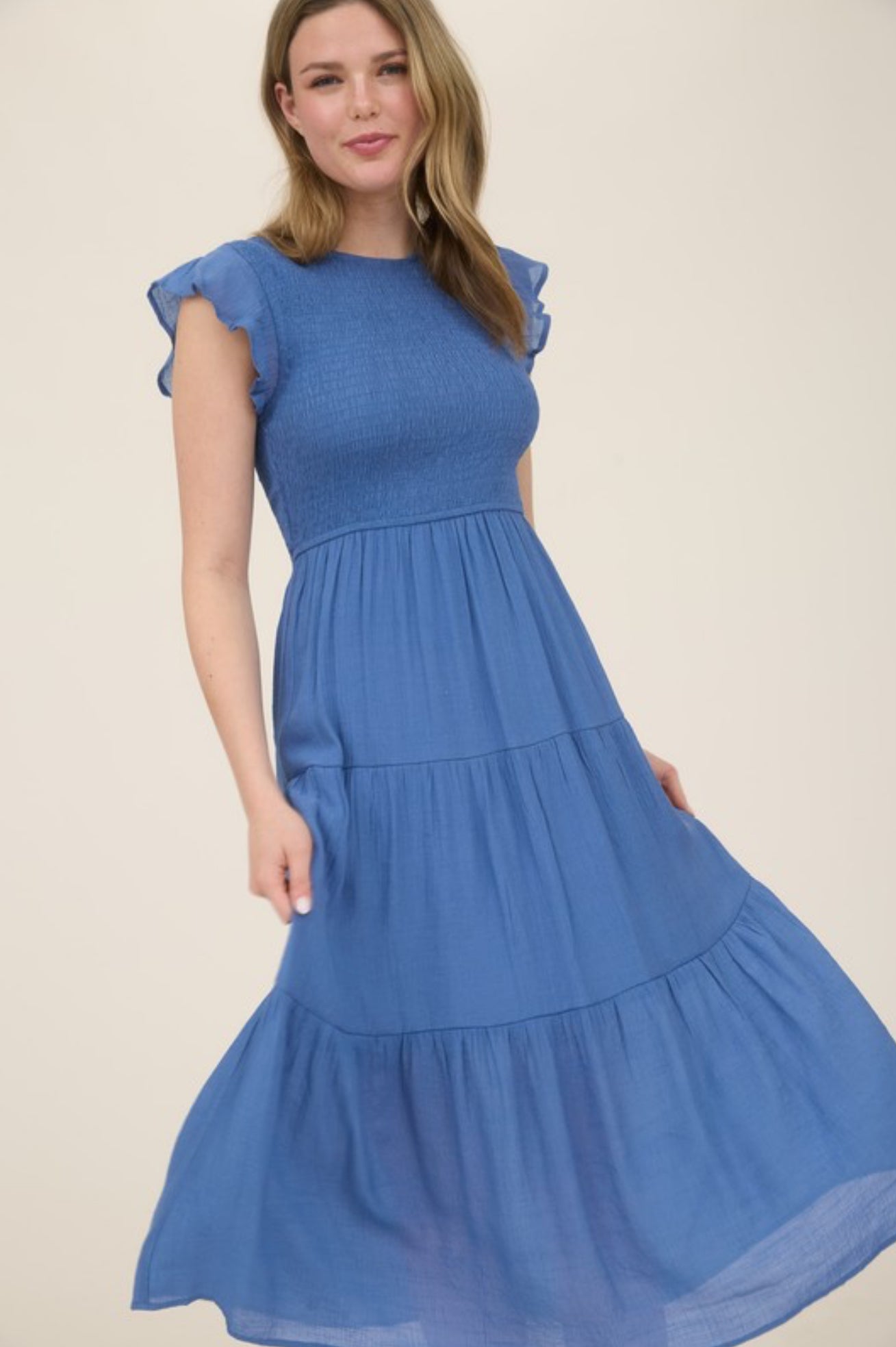 Solid Crew Neck Flutter Sleeve Midi Dress Blue