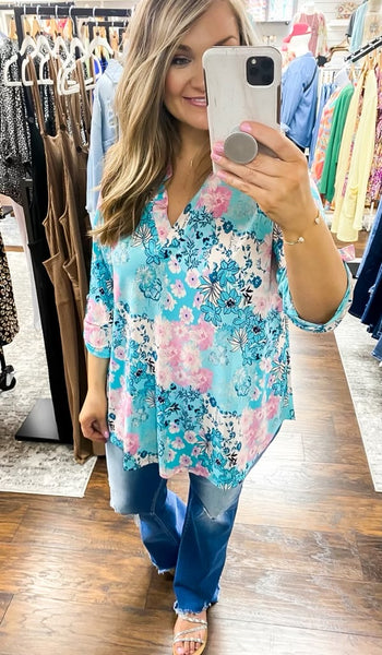 Lizzy Top Teal Turquouse Floral