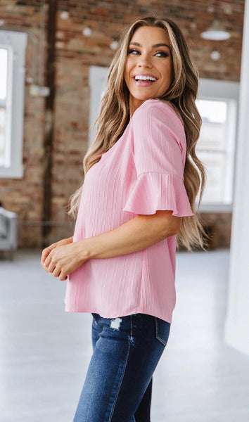 Savannah Solid Textured Bell Sleeve Top Dusty Rose