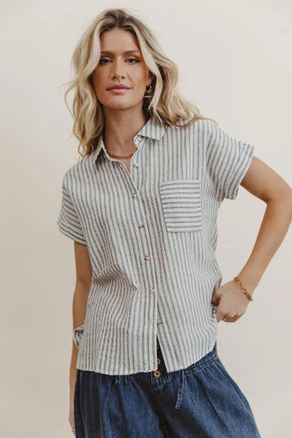 Stripe Collared Linen Blend Button Down Black