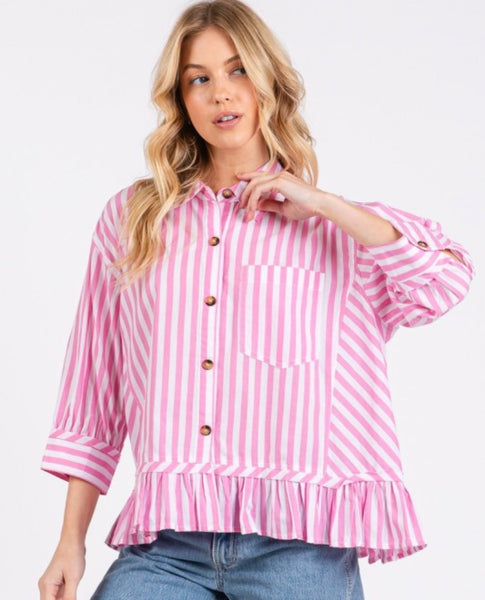Striped Ruffle Button Down Top Pink
