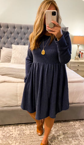 Urban Ribbed Knit Babydoll Dress Dark Blue