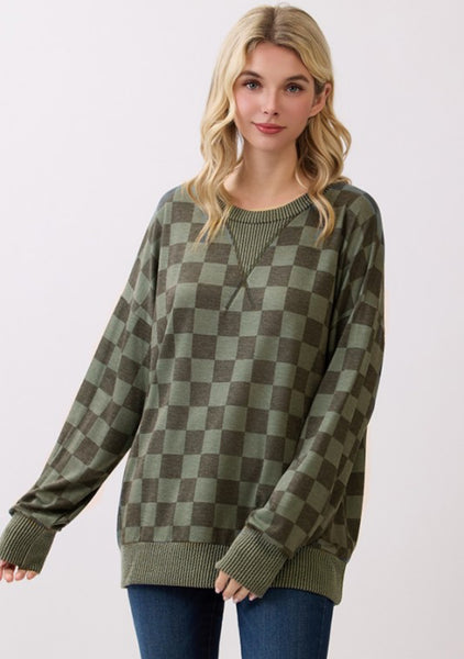 Checkered Pullover Top Vintage Green