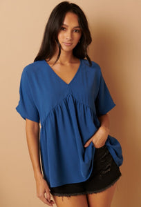 Airflow V Neck Babydoll Top Denim Blue