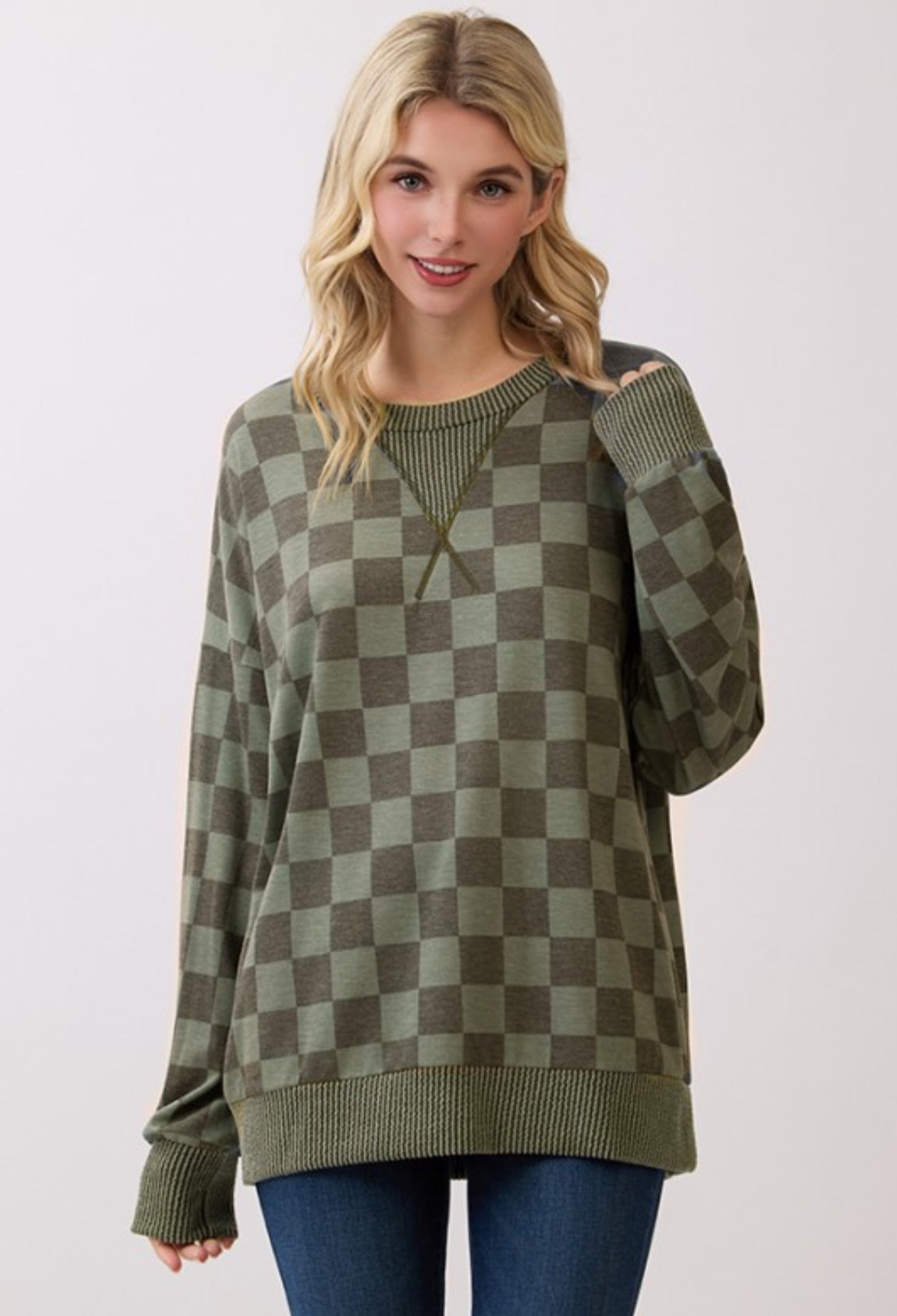 Checkered Pullover Top Vintage Green