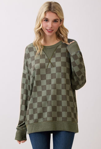 Checkered Pullover Top Vintage Green