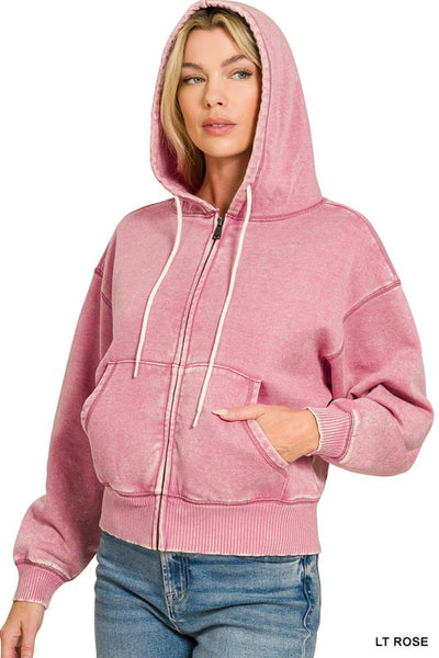 Acid Wash Zip Up Hooded Sweatshirt Rose