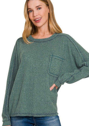 Cozy Ribbed Pocket Sweater Jade