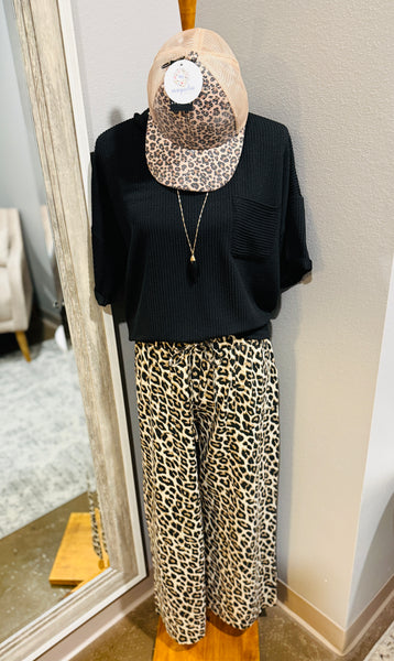 Washed Leopard Print Wide Leg Pant