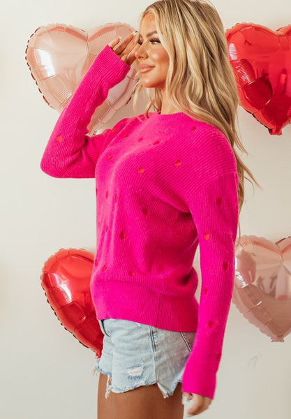 Hot Pink Embroidered Heart Print Sweater