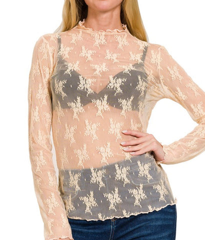 Ivory Beige Mesh Lace Layering Top