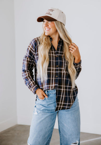 Flannel Plaid Button Down Blue Mix