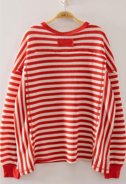 Red Stripe Waffle Knit Top