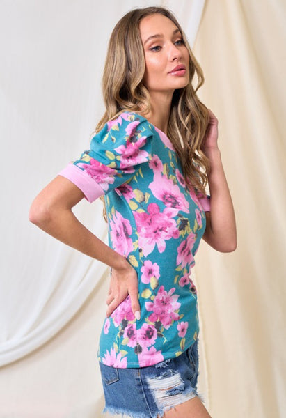 Teal Pink Mix Floral Puff Sleeve Top