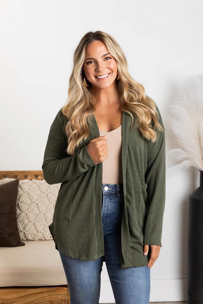 Urban Ribbed Knit Cardigan Olive