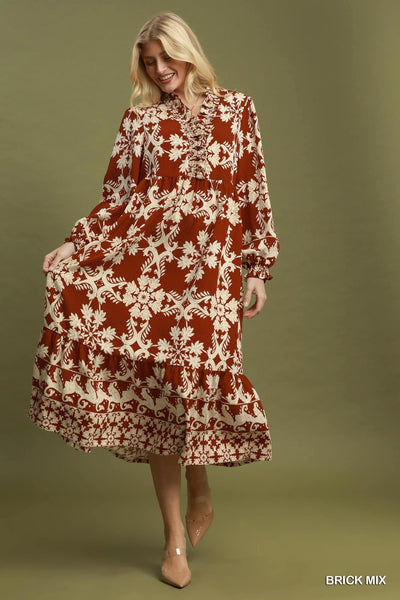 UMGEE Cameron Border Print Maxi Dress Brick