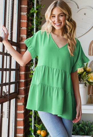 Solid Green Flirty Tiered Top