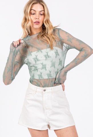 Sage Mesh Lace Layering Top