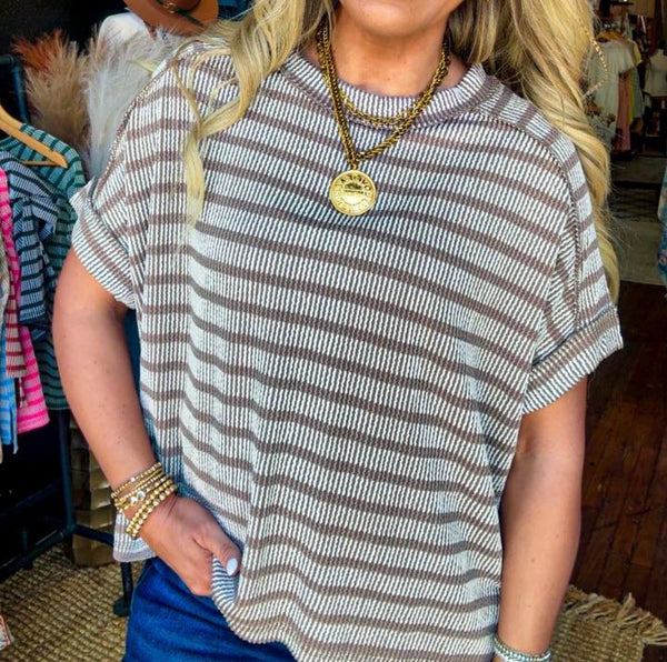 Stripe Two Tone Textured Top Coffee