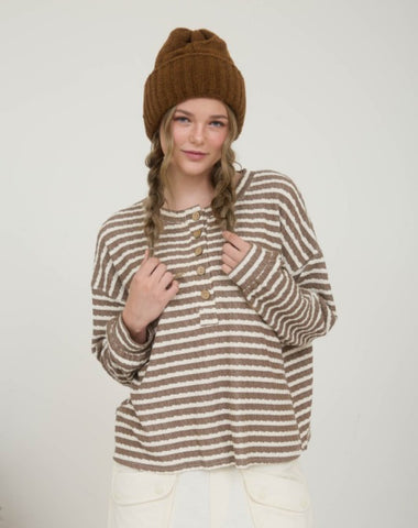 Textured Stripe Henley Top Taupe