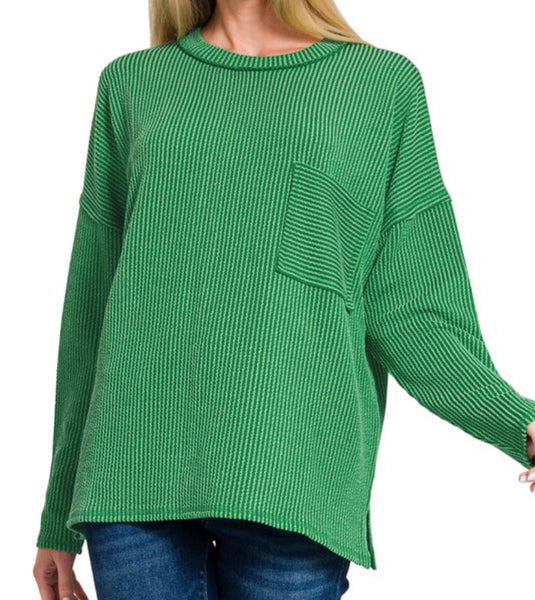 Ribbed Knit Solid Basic Top Dark Green