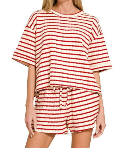2PC Textured Stripe Shorts Set Ruby Red