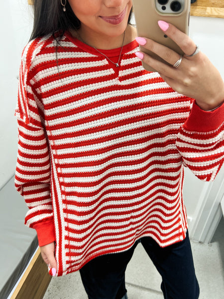 Red Stripe Waffle Knit Top