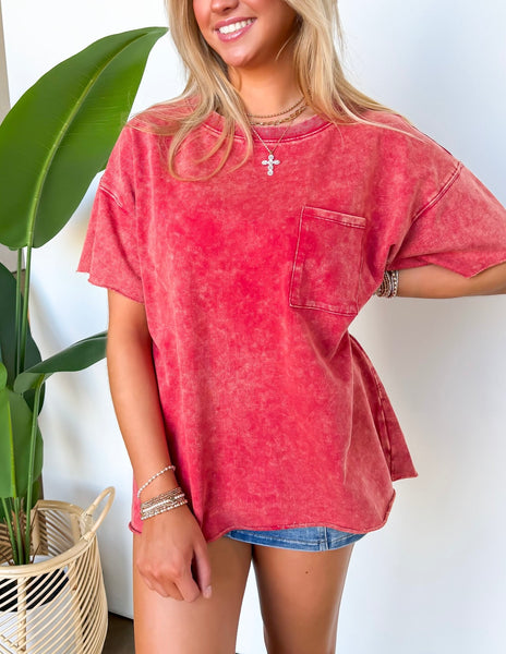 Red Vintage Washed French Cotton Pocket Tee