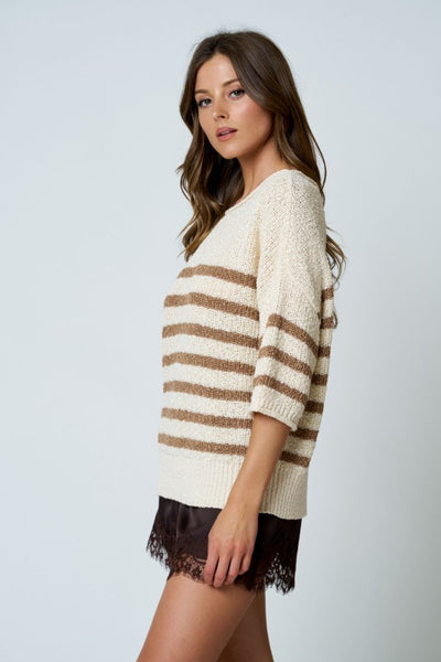 Stripe Knit Half Sleeve Sweater Mocha