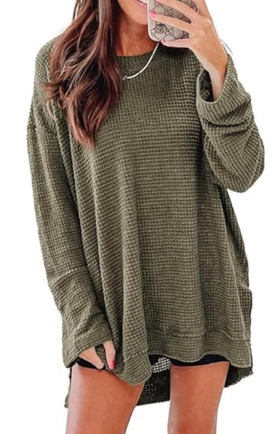 Solid Waffle Knit Tunic Top Green