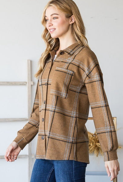 Camel Plaid Lightweight Button Down Shacket