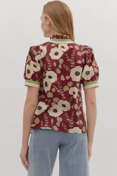 Wine Floral Puff Sleeve Top