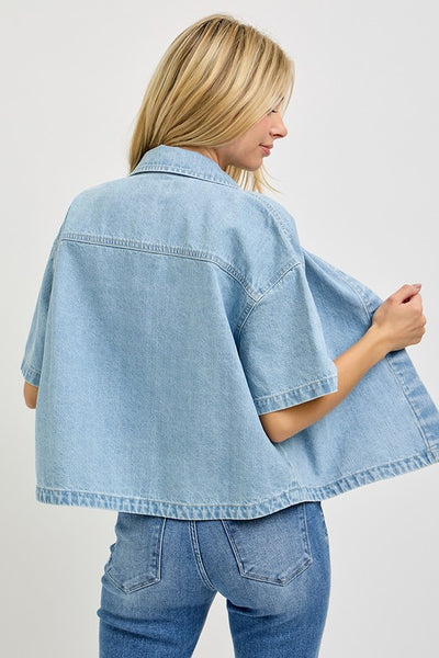 RISEN Denim Short Sleeve Button Down Top