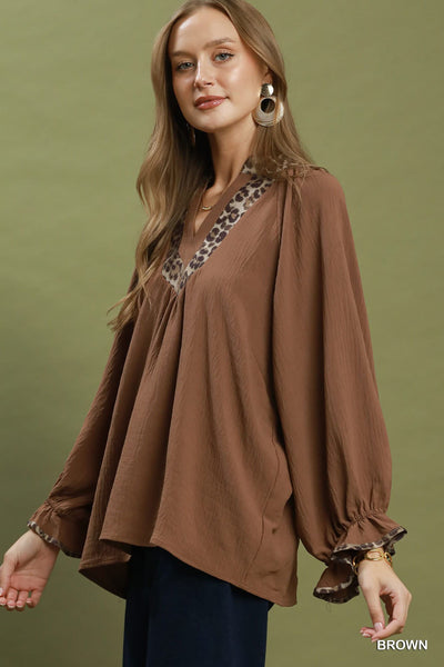 UMGEE Leopard Trim Puff Sleeve Top Mocha
