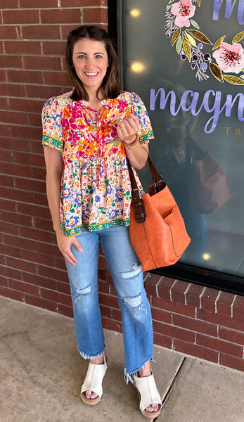 UMGEE Mixed Print Smocked Shoulder Top