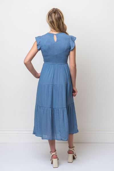 Solid Crew Neck Flutter Sleeve Midi Dress Blue