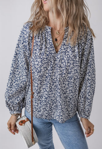 Dark Blue Floral Puff Sleeve Top