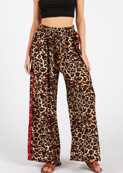 Red Trim Leopard Wide Leg Pant