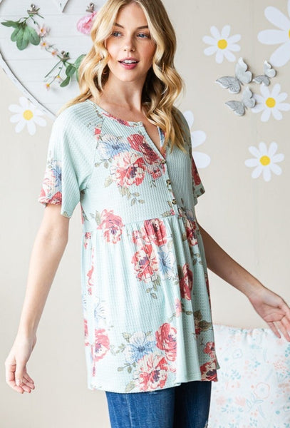 Mint Floral Textured Babydoll Top