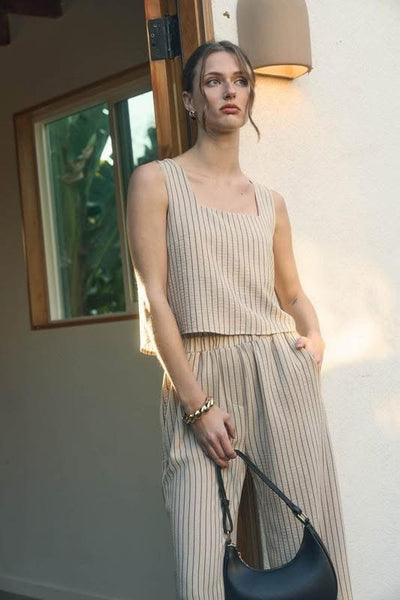 2PC Khaki Stripe Top & Pants SET