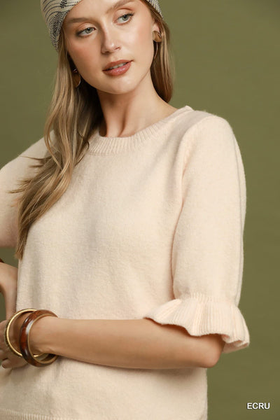 Soft Ruffle Sleeve Sweater Cream