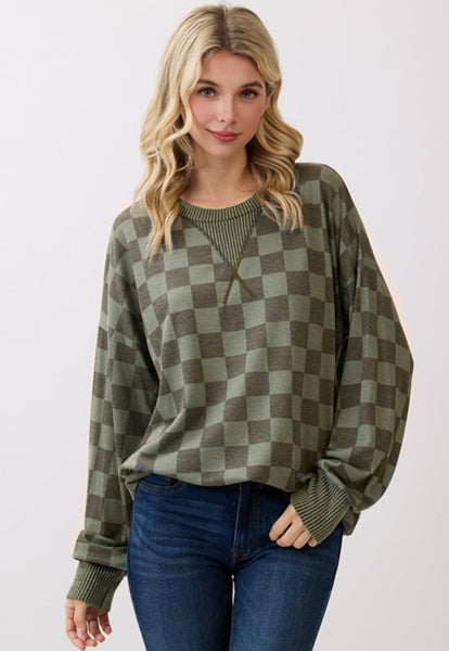 Checkered Pullover Top Vintage Green
