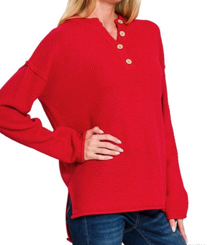 Salem Knit Button Henley Sweater Ruby Red