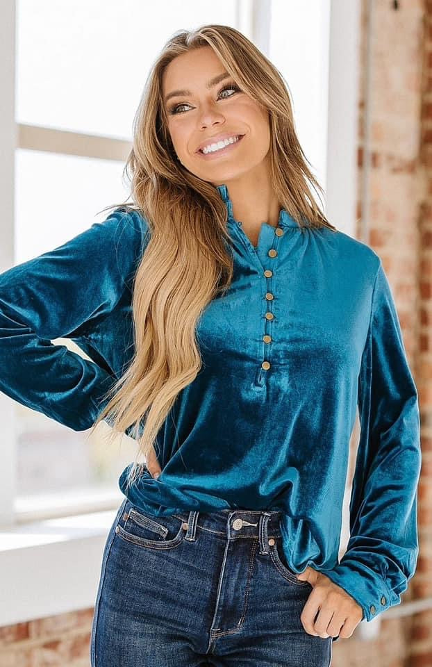 Dark Teal Velvet Ruffle Neck Button Top