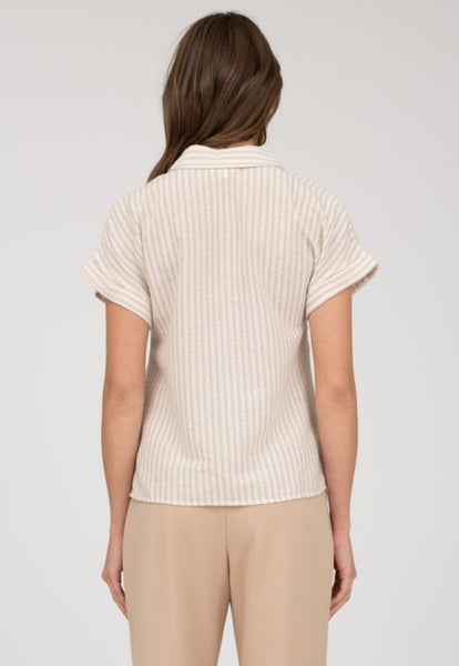 Stripe Collared Linen Blend Button Down Khaki