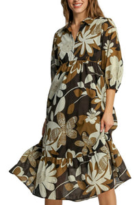 UMGEE Camel Floral Puff Sleeve Tiered Dress