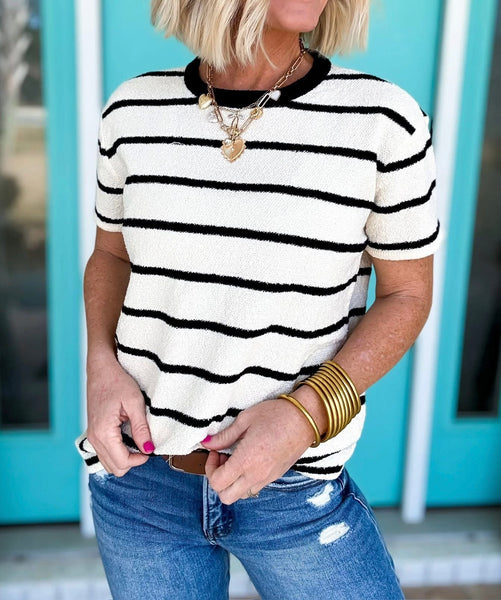 Stripe Short Sleeve Sweater Top Black Ivory