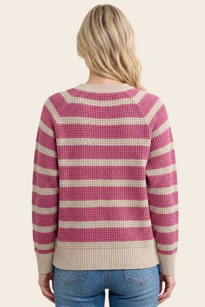 Waffle Knit Striped Sweater Deep Rose
