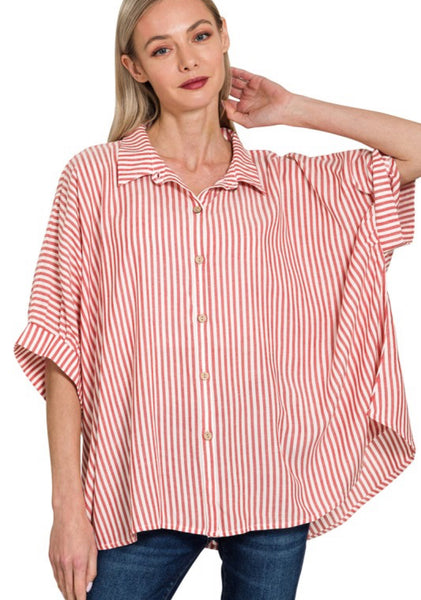 Lucky Stripes Oversized Button Up Red Stripe